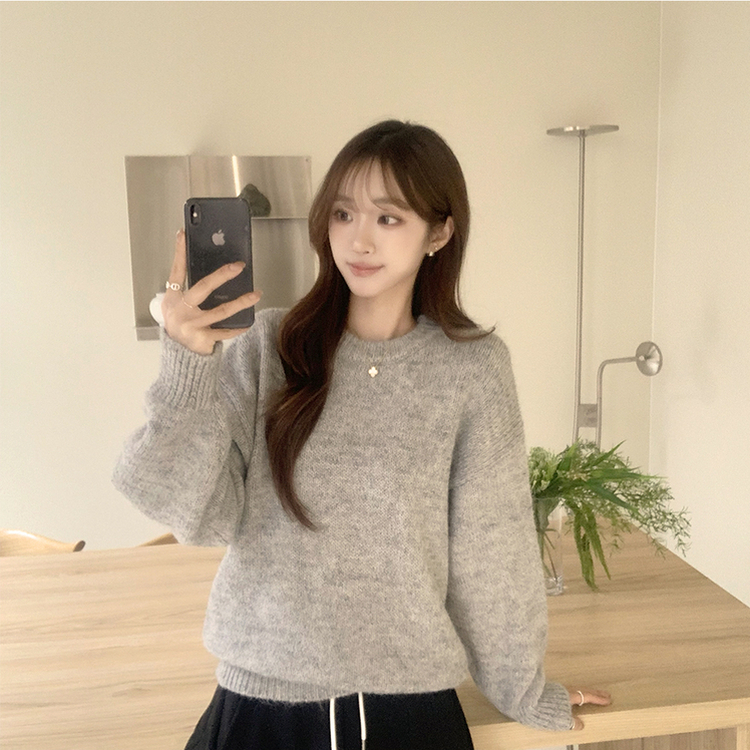 봉봉 라운드 오버핏 겨울 긴팔 니트 루즈핏 울 긴팔티 아방핏 허리잘록 상의 그레이