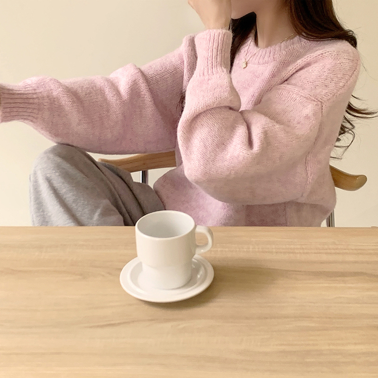 봉봉 라운드 오버핏 겨울 긴팔 니트 루즈핏 울 긴팔티 아방핏 허리잘록 상의 핑크