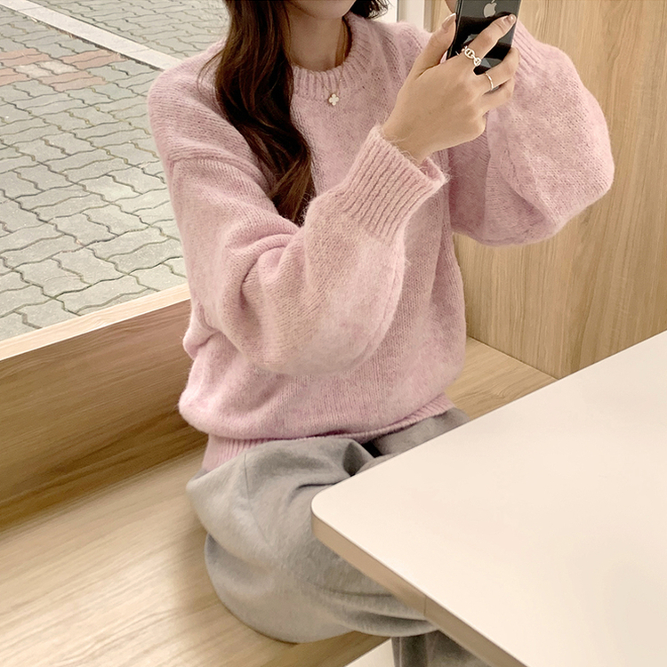 봉봉 라운드 오버핏 겨울 긴팔 니트 루즈핏 울 긴팔티 아방핏 허리잘록 상의 핑크