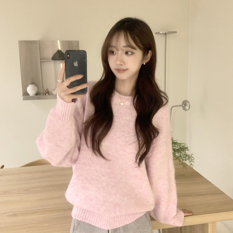 봉봉 라운드 오버핏 겨울 긴팔 니트 루즈핏 울 긴팔티 아방핏 허리잘록 상의 핑크