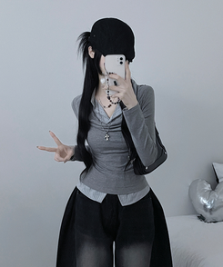 루벤셔츠레이어드셔링드레이프슬림긴팔티 그레이