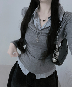 루벤셔츠레이어드셔링드레이프슬림긴팔티 그레이