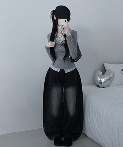 루벤셔츠레이어드셔링드레이프슬림긴팔티 그레이