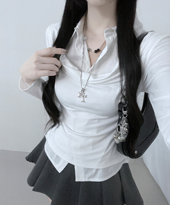 루벤셔츠레이어드셔링드레이프슬림긴팔티 아이보리