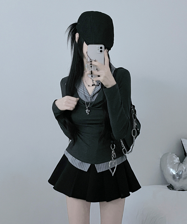 루벤셔츠레이어드셔링드레이프슬림긴팔티 먹색