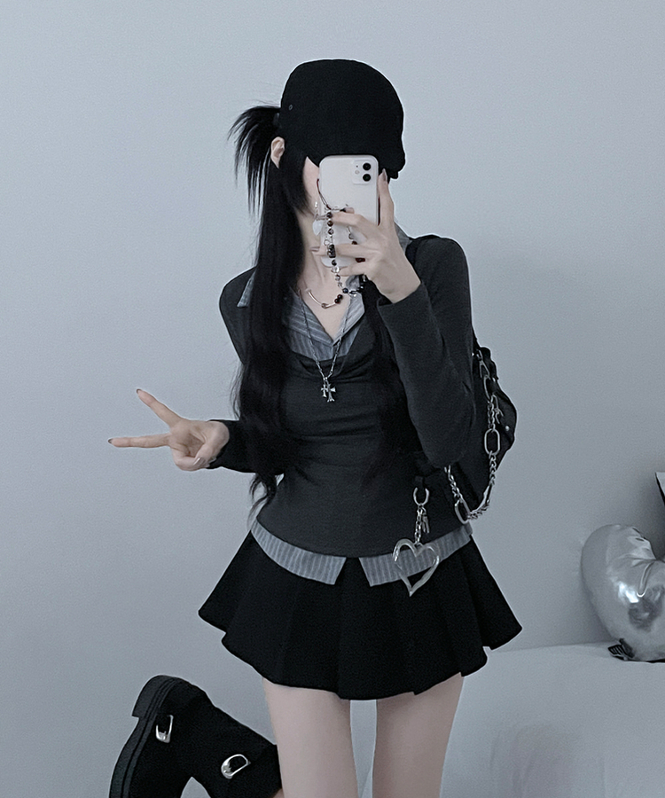 루벤셔츠레이어드셔링드레이프슬림긴팔티 먹색