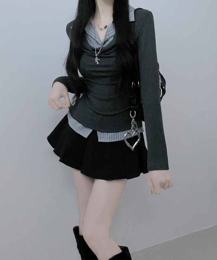 루벤셔츠레이어드셔링드레이프슬림긴팔티 먹색