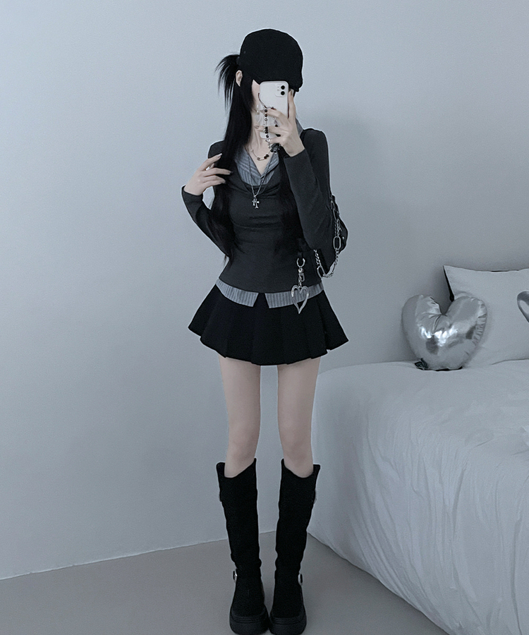 루벤셔츠레이어드셔링드레이프슬림긴팔티 먹색