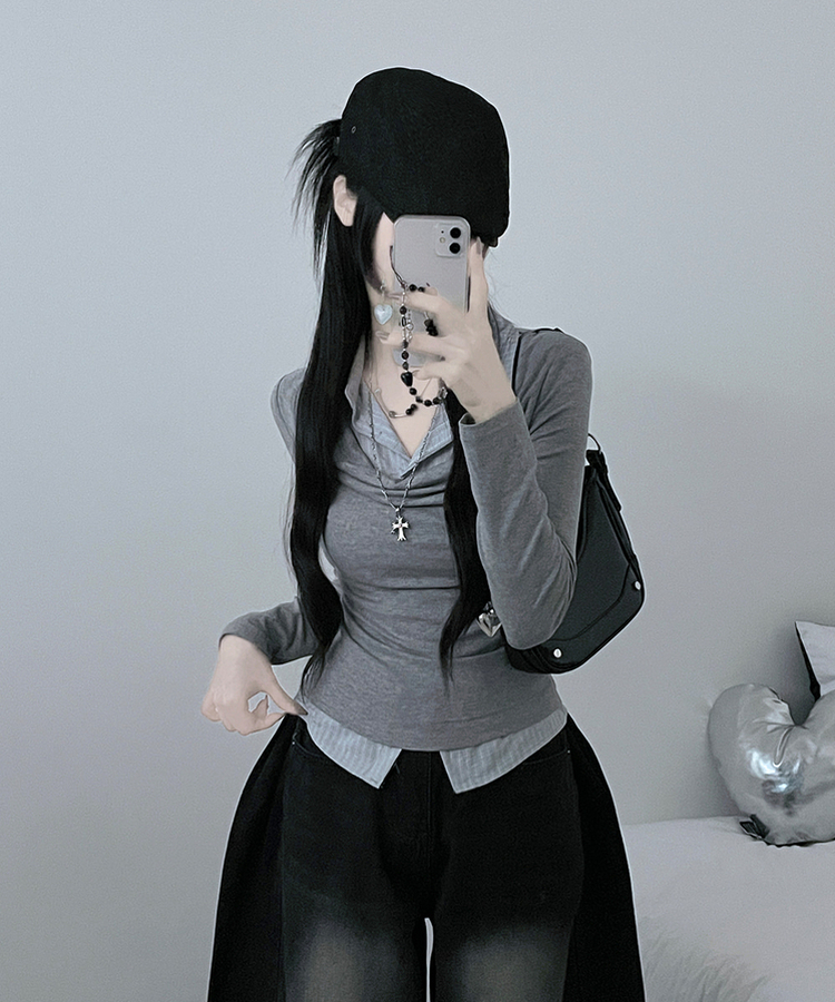 루벤셔츠레이어드셔링드레이프슬림긴팔티 그레이