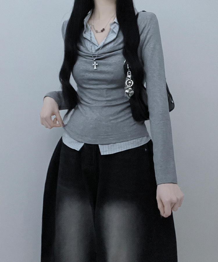 루벤셔츠레이어드셔링드레이프슬림긴팔티 그레이