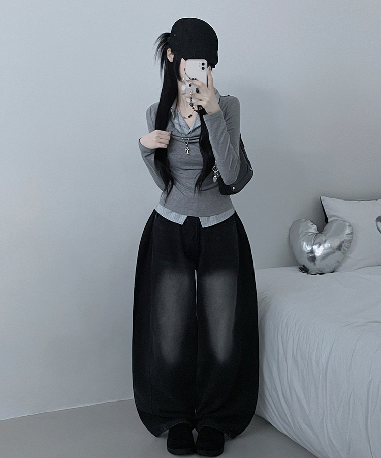 루벤셔츠레이어드셔링드레이프슬림긴팔티 그레이