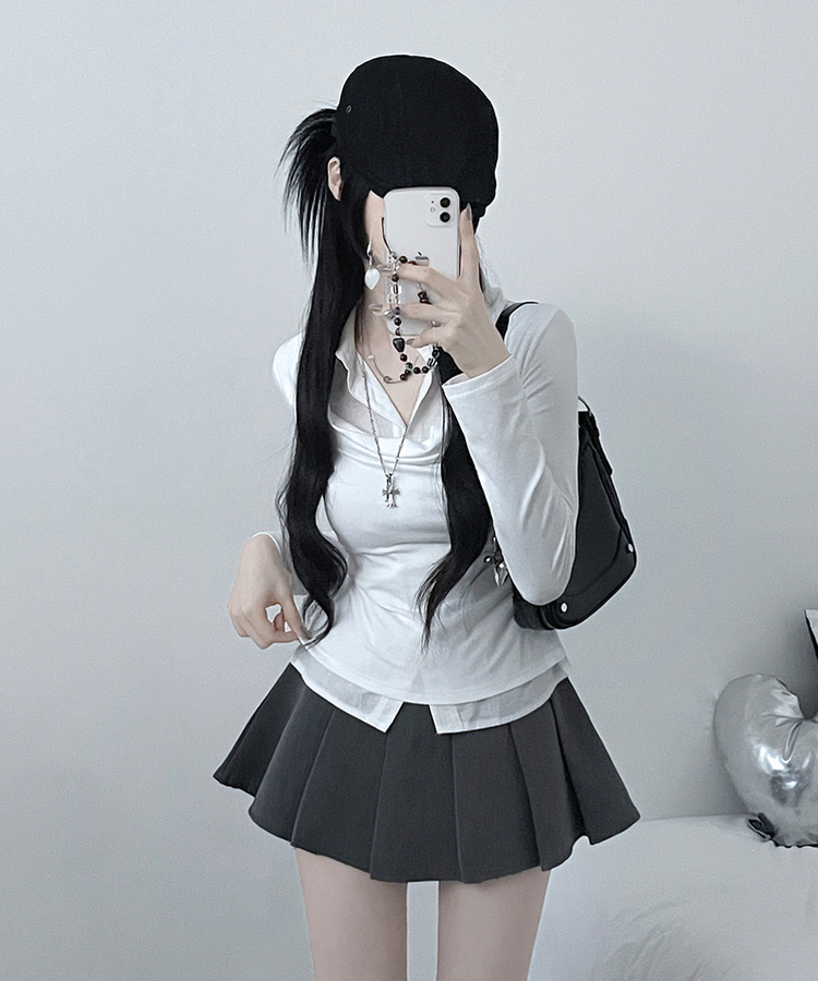 루벤셔츠레이어드셔링드레이프슬림긴팔티 아이보리