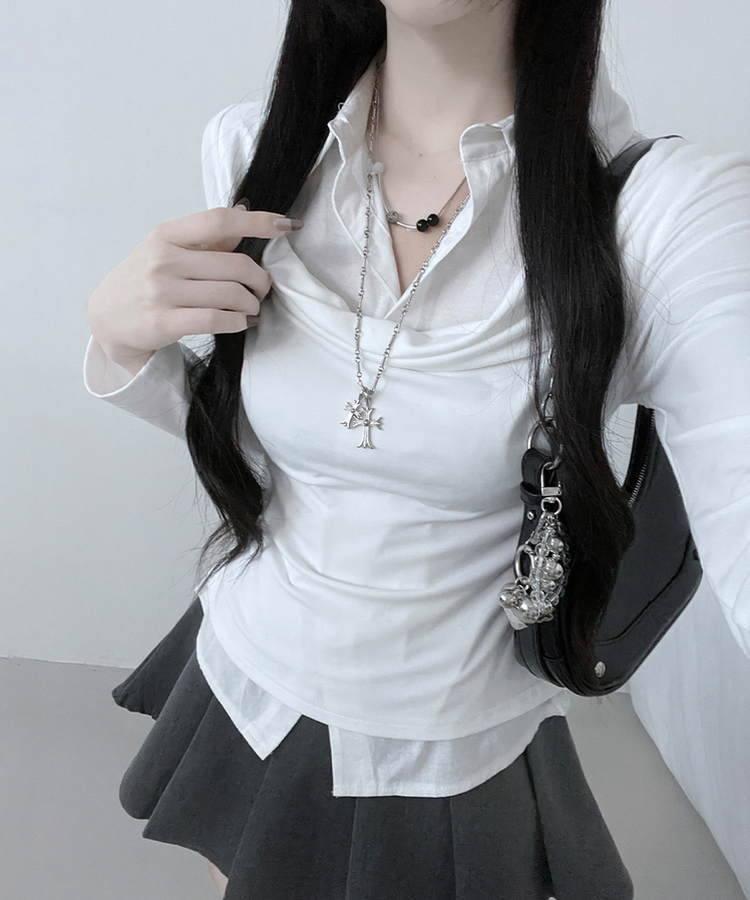 루벤셔츠레이어드셔링드레이프슬림긴팔티 아이보리