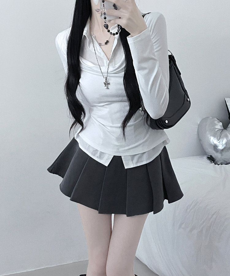 루벤셔츠레이어드셔링드레이프슬림긴팔티 아이보리