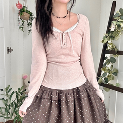 일체형 리본 단추 버튼 레이어드 옆셔링 긴팔티셔츠 핑크