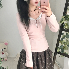 일체형 리본 단추 버튼 레이어드 옆셔링 긴팔티셔츠 핑크