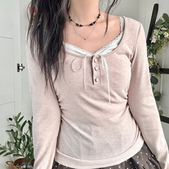 일체형 리본 단추 버튼 레이어드 옆셔링 긴팔티셔츠 핑크