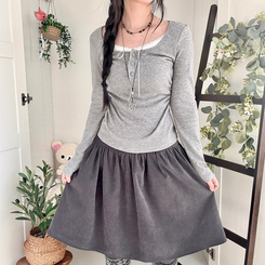 일체형 리본 단추 버튼 레이어드 옆셔링 긴팔티셔츠 그레이