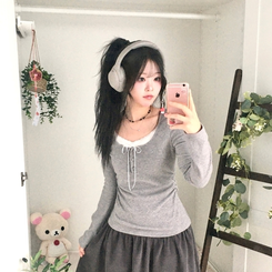 일체형 리본 단추 버튼 레이어드 옆셔링 긴팔티셔츠 그레이