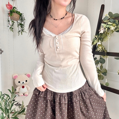 일체형 리본 단추 버튼 레이어드 옆셔링 긴팔티셔츠 베이지