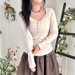 일체형 리본 단추 버튼 레이어드 옆셔링 긴팔티셔츠 베이지