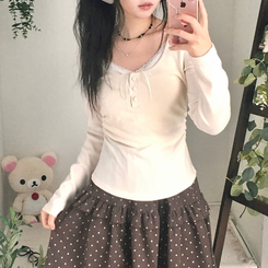 일체형 리본 단추 버튼 레이어드 옆셔링 긴팔티셔츠 베이지