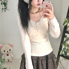 일체형 리본 단추 버튼 레이어드 옆셔링 긴팔티셔츠 베이지