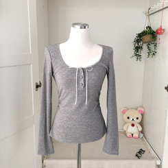 일체형 리본 단추 버튼 레이어드 옆셔링 긴팔티셔츠