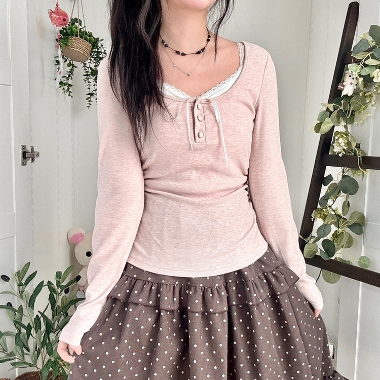 일체형 리본 단추 버튼 레이어드 옆셔링 긴팔티셔츠 핑크