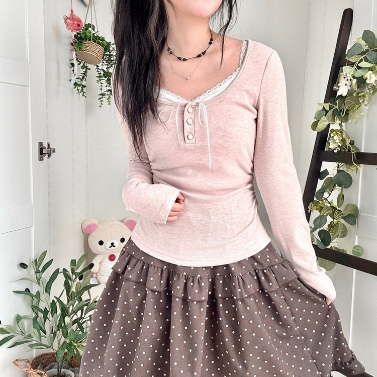 일체형 리본 단추 버튼 레이어드 옆셔링 긴팔티셔츠 핑크