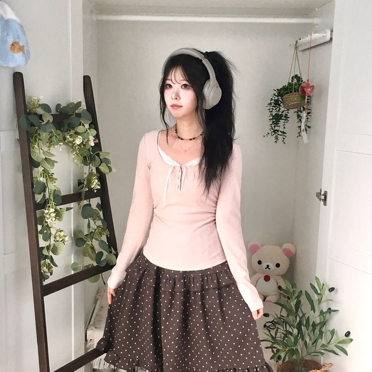 일체형 리본 단추 버튼 레이어드 옆셔링 긴팔티셔츠 핑크