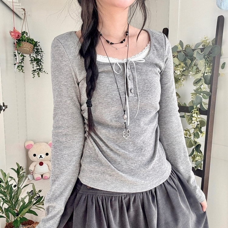 일체형 리본 단추 버튼 레이어드 옆셔링 긴팔티셔츠 그레이