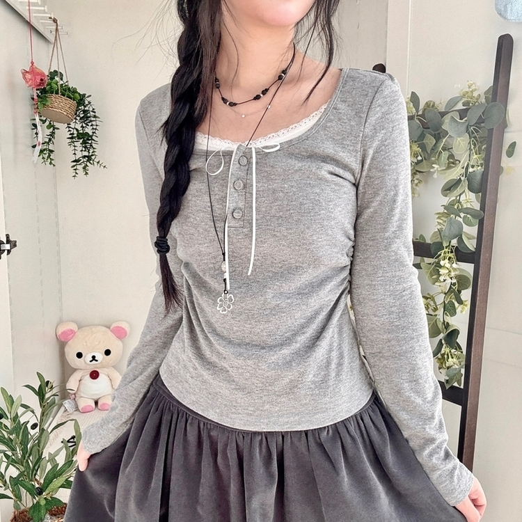 일체형 리본 단추 버튼 레이어드 옆셔링 긴팔티셔츠 그레이