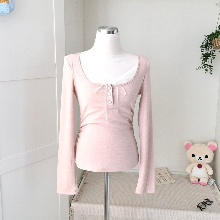 일체형 리본 단추 버튼 레이어드 옆셔링 긴팔티셔츠