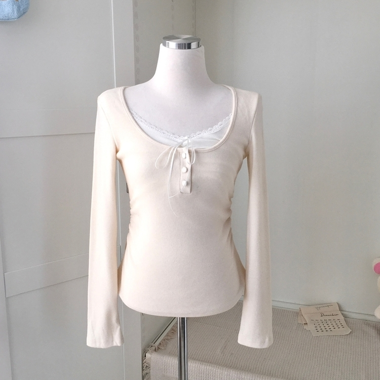 일체형 리본 단추 버튼 레이어드 옆셔링 긴팔티셔츠