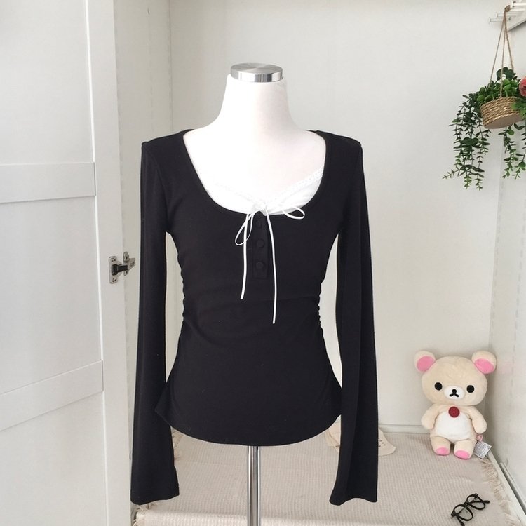 일체형 리본 단추 버튼 레이어드 옆셔링 긴팔티셔츠