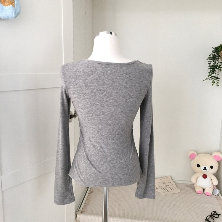 일체형 리본 단추 버튼 레이어드 옆셔링 긴팔티셔츠