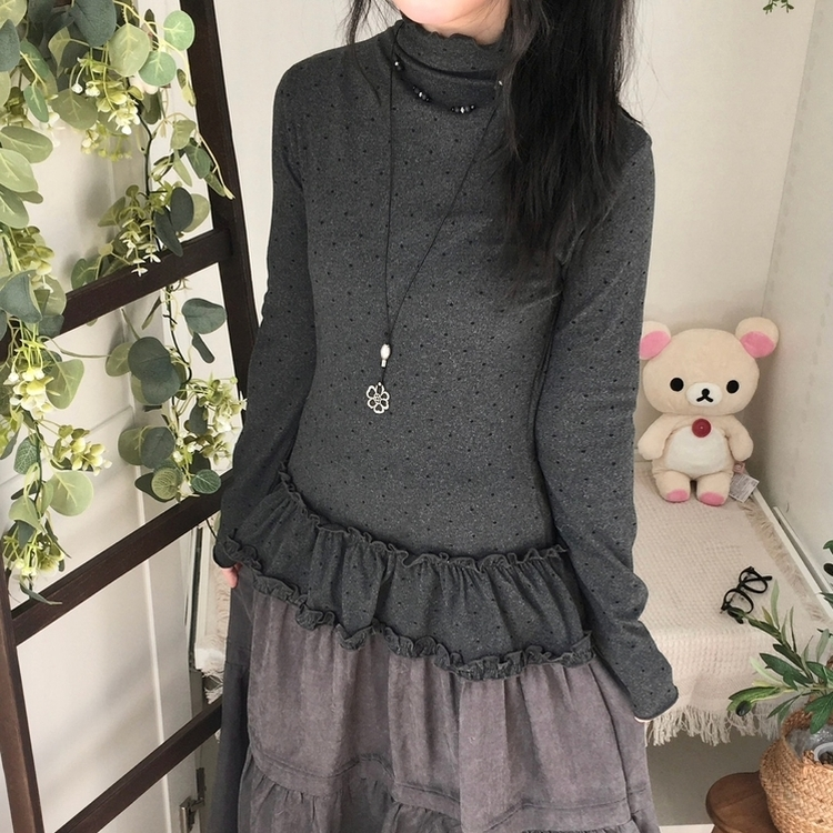 완전 부드러운 도트 낙낙핏 부들부들 레이어드 캉캉 프릴 폴라 긴팔 티셔츠