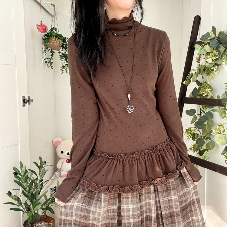 완전 부드러운 도트 낙낙핏 부들부들 레이어드 캉캉 프릴 폴라 긴팔 티셔츠
