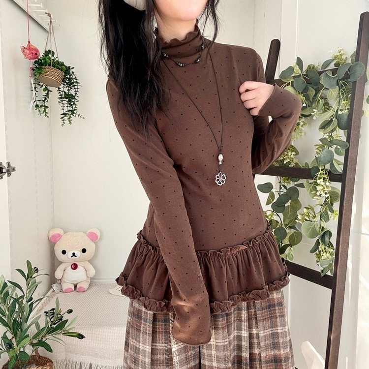 완전 부드러운 도트 낙낙핏 부들부들 레이어드 캉캉 프릴 폴라 긴팔 티셔츠