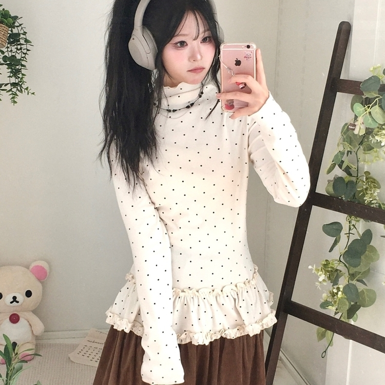 완전 부드러운 도트 낙낙핏 부들부들 레이어드 캉캉 프릴 폴라 긴팔 티셔츠