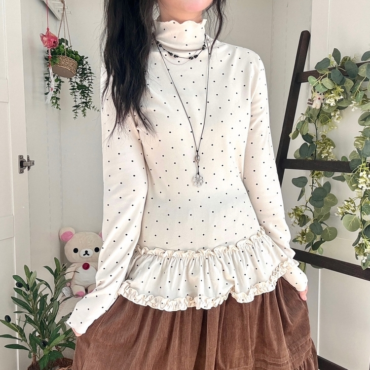완전 부드러운 도트 낙낙핏 부들부들 레이어드 캉캉 프릴 폴라 긴팔 티셔츠