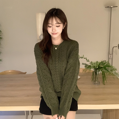 배배 꽈배기 라운드 루즈핏 겨울 긴팔 니트 오버핏 벌룬핏 긴팔티 데일리 상의 카키