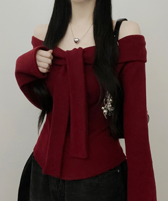 디엘꼬임리본오프숄더기모긴팔티셔츠 와인