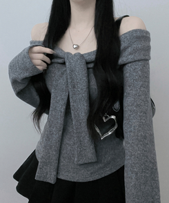 디엘꼬임리본오프숄더기모긴팔티셔츠 회색