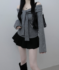 디엘꼬임리본오프숄더기모긴팔티셔츠 회색