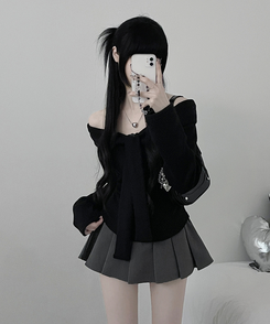 디엘꼬임리본오프숄더기모긴팔티셔츠 검정