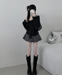 디엘꼬임리본오프숄더기모긴팔티셔츠 검정