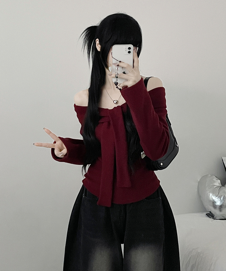 디엘꼬임리본오프숄더기모긴팔티셔츠 와인