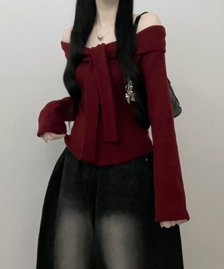 디엘꼬임리본오프숄더기모긴팔티셔츠 와인